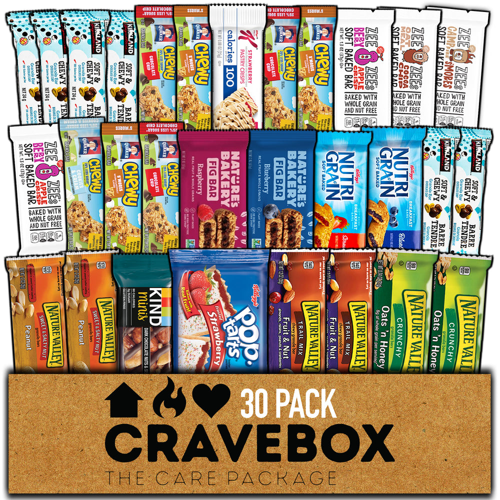 CRAVEBOX Granola Nutrition Bars Mix (30count) - Valentines Healthy Snacks to Go, Breakfast Cereal Health Bar Mix Assortment Variety Pack, Kids Adults Boys Girls School, Snacks Gift Care Package for Office or Home Exams