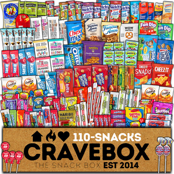 CRAVEBOX Snack Box (110 Count) Valentines Variety Pack Care Package Gift Basket Adult Kid Guy Girl Women Men Birthday College Student Office College Back to School
