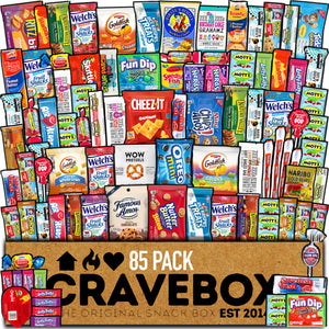 CRAVEBOX Snacks Box Variety Pack Care Package (85 Count) Valentines Treats Gift Boxes Pack Adults Kids Guys Girls Women Men Boyfriend Candy Birthday Cookies Chips College Student Sampler Office School