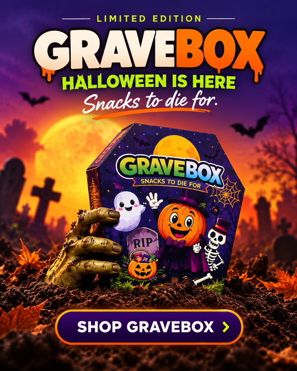 GraveBox Halloween Snack Gift Box, 40 Count Candy, Snacks, Cookies, Crackers & Small Toys
