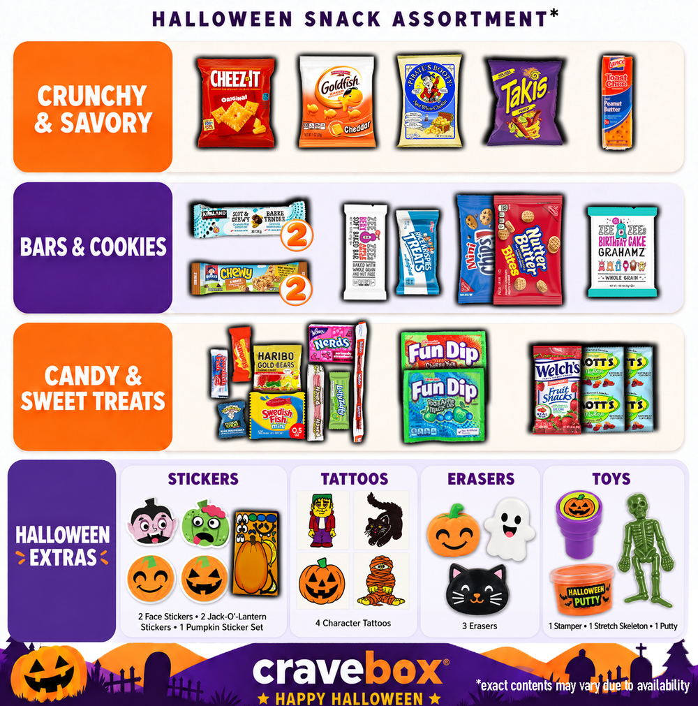GraveBox Halloween Snack Gift Box, 40 Count Candy, Snacks, Cookies, Crackers & Small Toys
