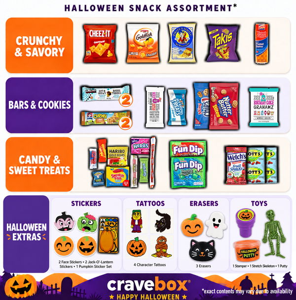 GraveBox Halloween Snack Gift Box, 40 Count Candy, Snacks, Cookies, Crackers & Small Toys